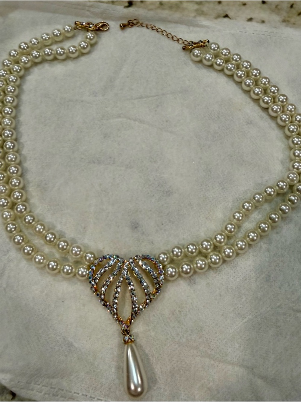 Pearl Double-Strand Necklace with Crystal Heart Pendant